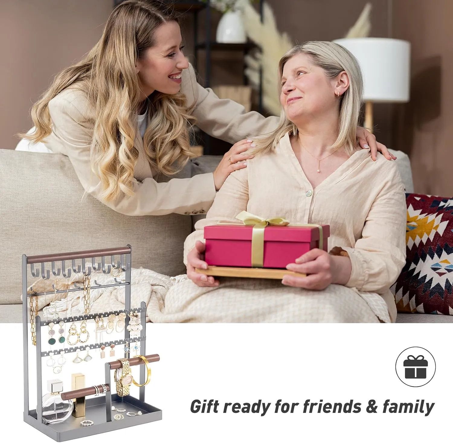 ProCase Jewelry Organizer Stand Necklace Organizer Earring Holder, 6 Tier Jewelry Stand Necklace Holder with 15 Hooks, Jewelry Tower Display Rack Storage Tree for Bracelets Earrings Rings -Grey