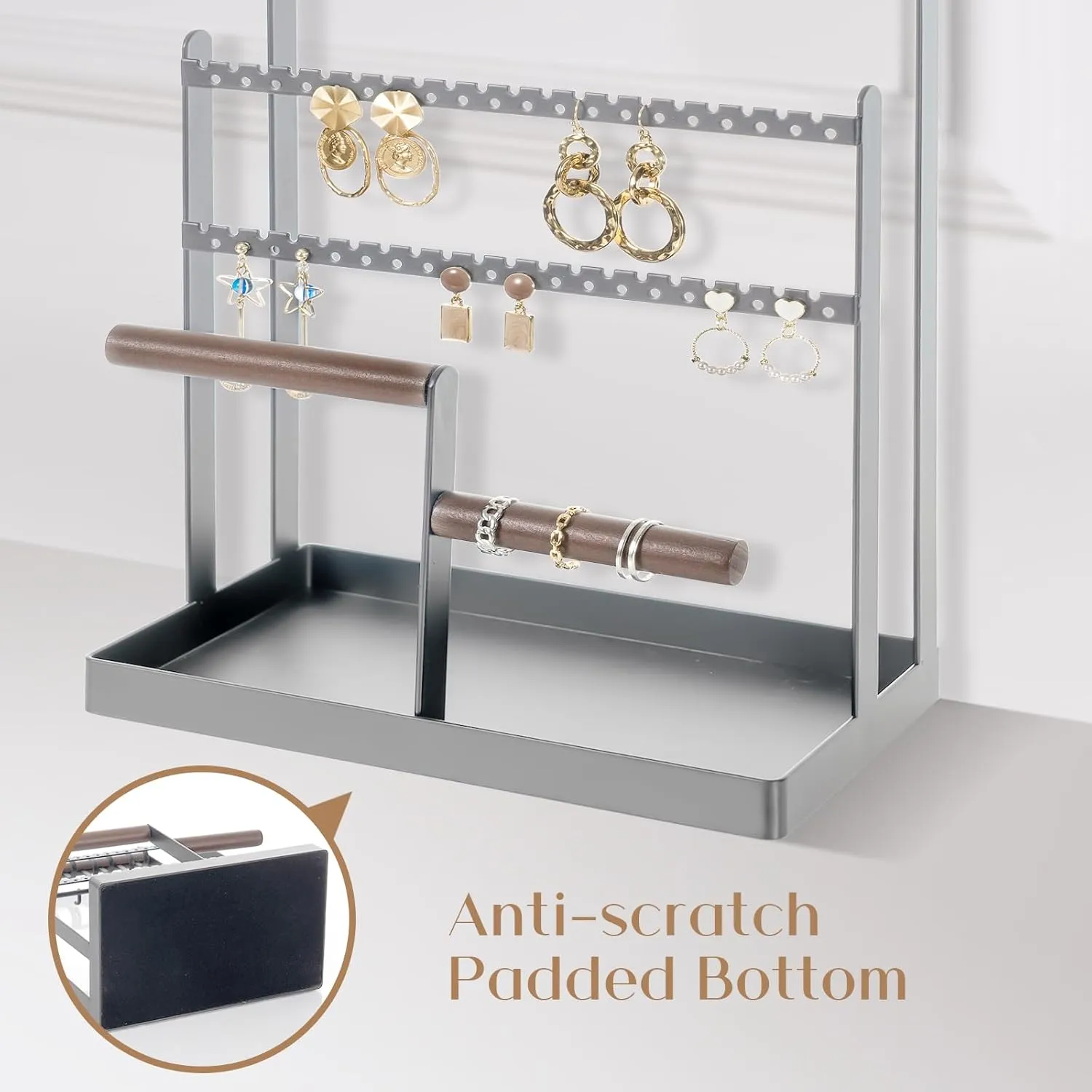 ProCase Jewelry Organizer Stand Necklace Organizer Earring Holder, 6 Tier Jewelry Stand Necklace Holder with 15 Hooks, Jewelry Tower Display Rack Storage Tree for Bracelets Earrings Rings -Grey