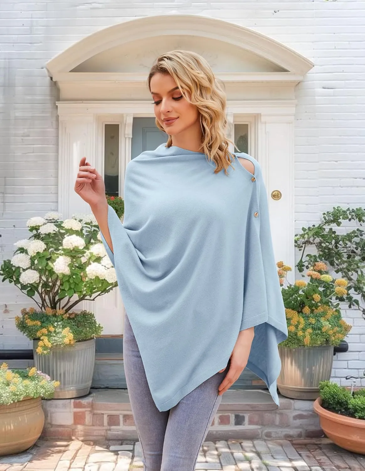 PULI Women's Versatile Knitted Shawls Scarf Poncho Sweater with Buttons Lightweight Spring Summer Fall Wraps