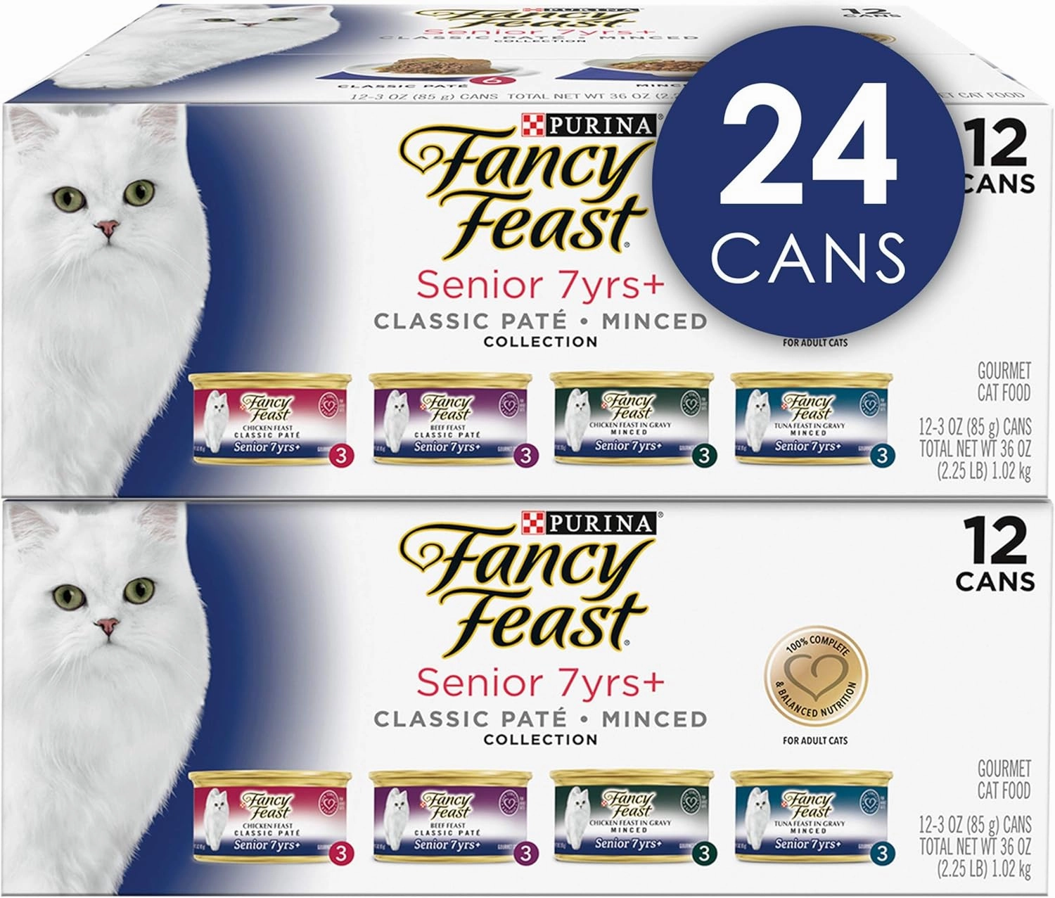 Purina Fancy Feast High Protein Senior Wet Cat Food Variety Pack, Senior 7  Chicken, Beef & Tuna Feasts - (2 Packs of 12) 3 oz. Cans