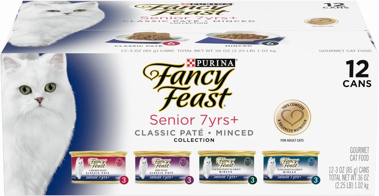 Purina Fancy Feast High Protein Senior Wet Cat Food Variety Pack, Senior 7  Chicken, Beef & Tuna Feasts - (2 Packs of 12) 3 oz. Cans