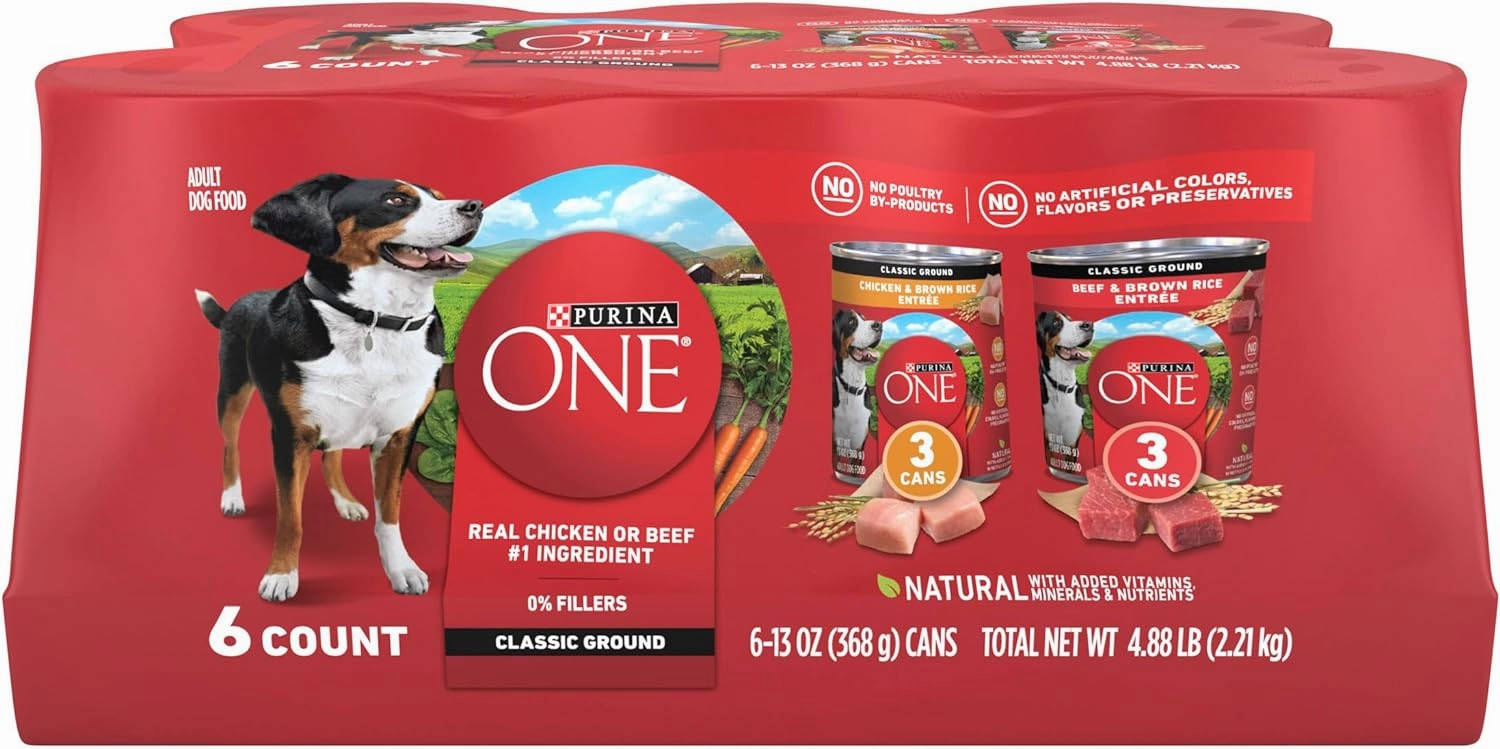 Purina ONE Classic Ground Chicken and Brown Rice, and Beef and Brown Rice Entrees Wet Dog Food Variety Pack - (Pack of 6) 13 oz. Cans