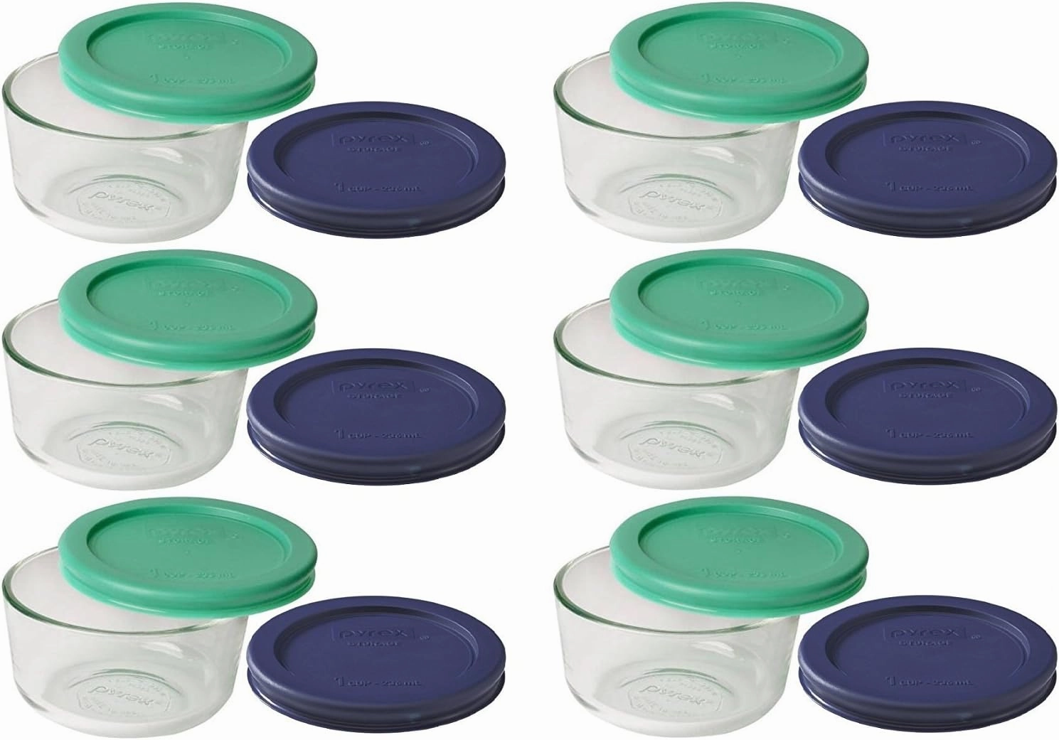 Pyrex Storage 1 Cup Round Dish, Clear with Green   Blue Lids, Pack of 6 Containers