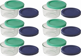 Pyrex Storage 1 Cup Round Dish, Clear with Green   Blue Lids, Pack of 6 Containers