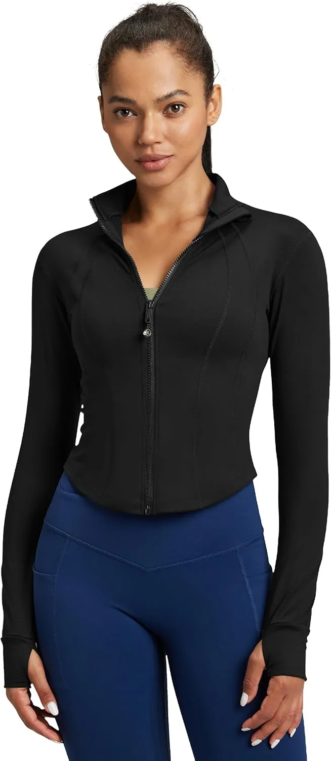 QUEENIEKE Women’s Workout Cropped Jacket Full Zip Lightweight Running Track Jackets Bbl Slim Fit Tops Shirts