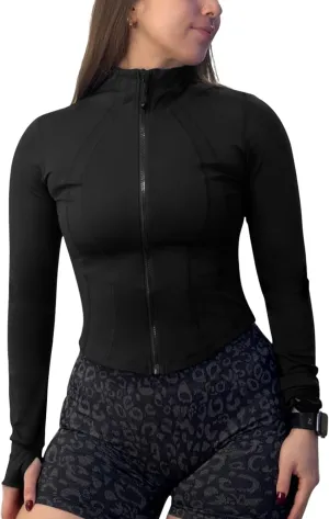 QUEENIEKE Women’s Workout Cropped Jacket Full Zip Lightweight Running Track Jackets Bbl Slim Fit Tops Shirts