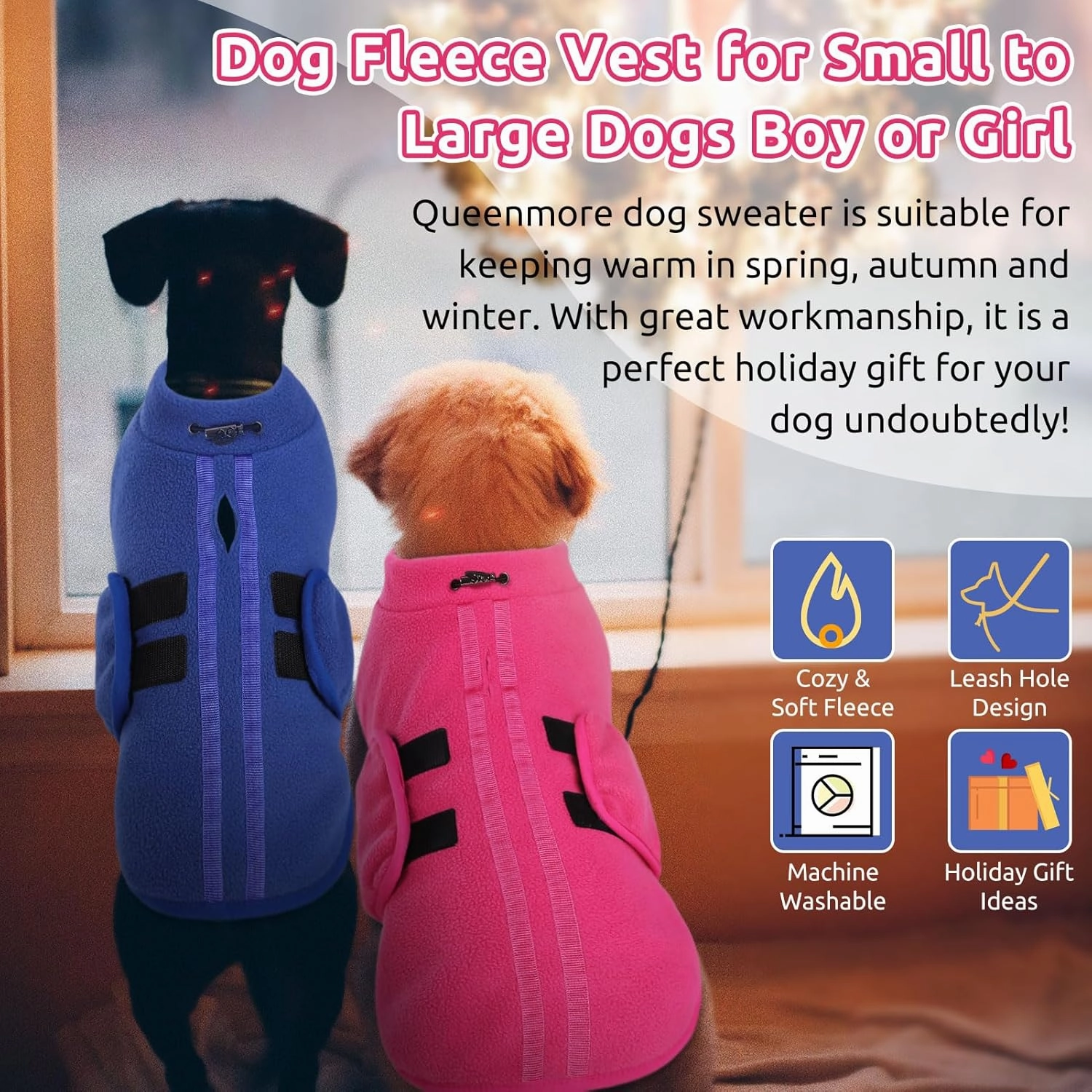 Queenmore XXS Dog Sweater, Soft Fleece Vest Pullover Dog Jacket with Leash Hole, Warm Winter Dog Coats Cold Weather Doggy Dachshund Sweaters for Small Dogs Cats Boy or Girl (Blue, XXS)