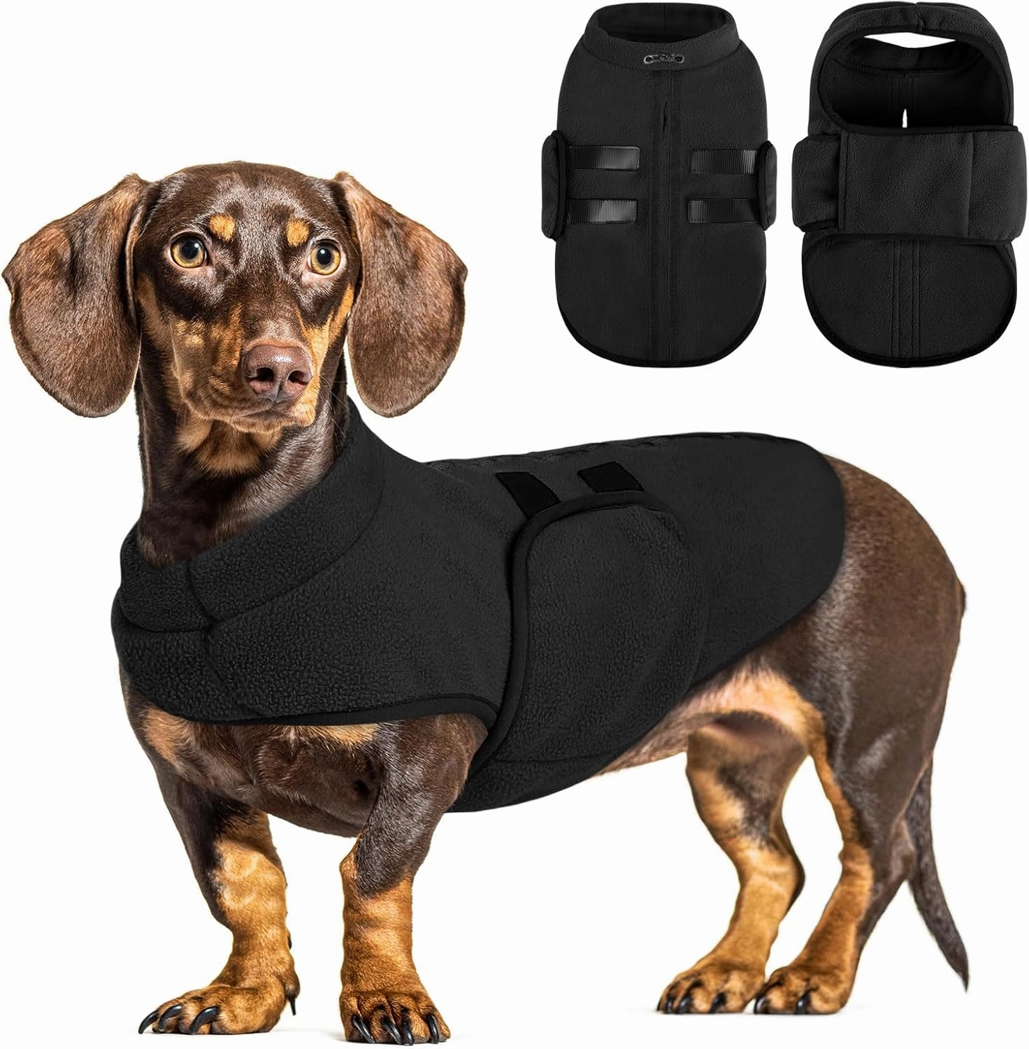 Queenmore XXS Pet Sweater, Soft Fleece Dog Vest Pullover Jacket with Leash Hole, Warm Winter Animal Clothes Cold Weather Dachshund Sweater for Small Dogs Cats Boy or Girl (Black, XXS)