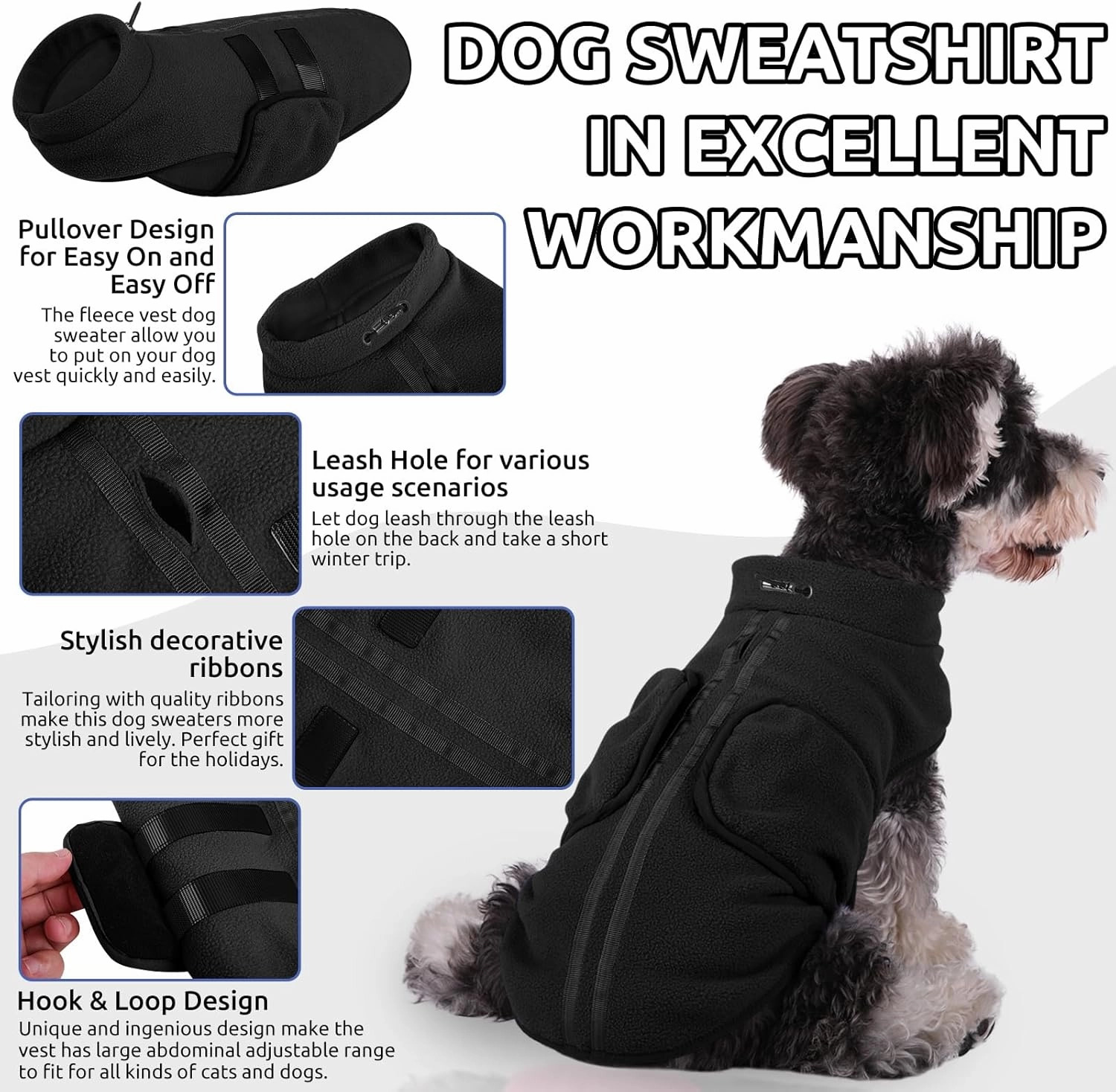Queenmore XXS Pet Sweater, Soft Fleece Dog Vest Pullover Jacket with Leash Hole, Warm Winter Animal Clothes Cold Weather Dachshund Sweater for Small Dogs Cats Boy or Girl (Black, XXS)