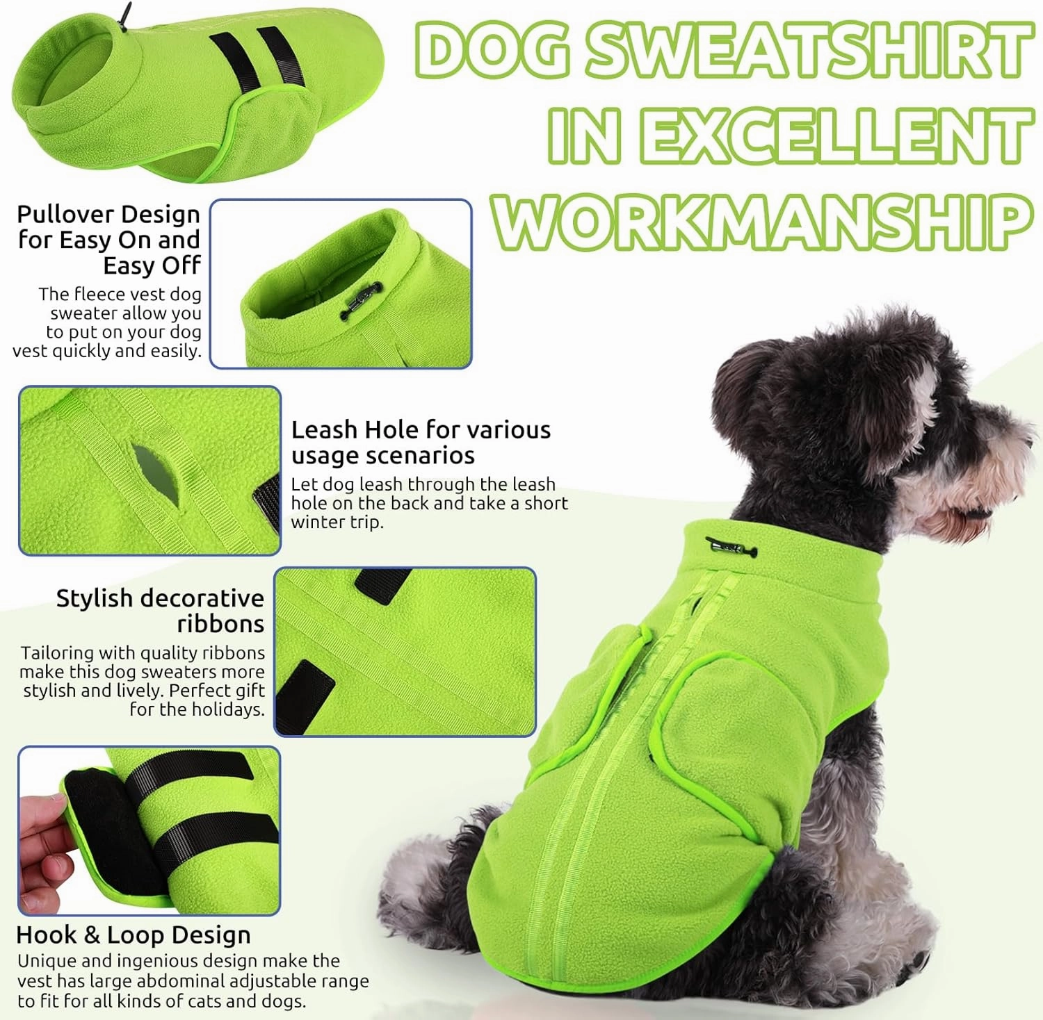 Queenmore XXS Soft Fleece Vest Pullover Dog Jacket with Leash Hole, Warm Winter Clothes for Small Dogs & Cats, Boy or Girl (Green, XXS)