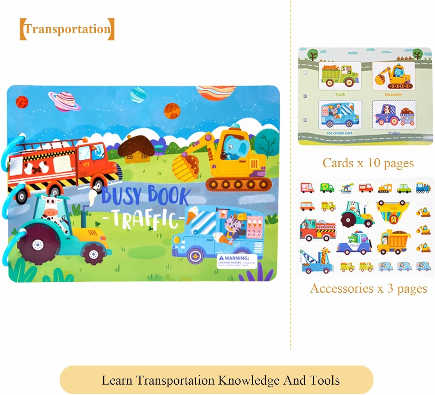 Quiet Book for Toddlers, Early Learning Montessori Interactive Toys for Kids, Autism Sensory Educational Toy Preschool Activity Binder Busy Book for Develop Learning Skills (Transportation)