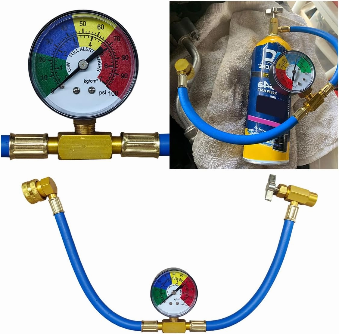 R134A Car AC Refrigerant Charge Hose Kit, Car Air Conditioning Recharge Hose with Gauge for Measuring Low-Pressure, 1/2 Inch Can Tap & R134A Quick Coupler for Car/Home AC Refrigerant, 100PSI