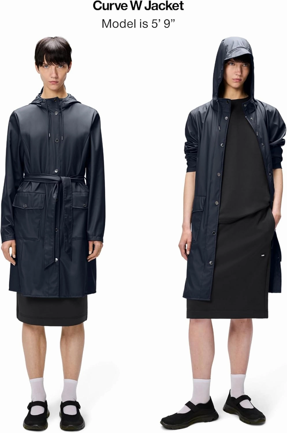 RAINS Curve W Jacket - Waterproof Jacket with Hood for Women - Reusable Raincoat with Belt