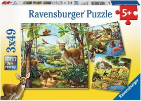 Ravensburger Animals of The Forest, Zoo & Farm 3x49 Piece Jigsaw Puzzle Set forKids - | Unique Piece Design | Anti-Glare Surface | Skill-Building, Fun Activity | Amazon Exclusive