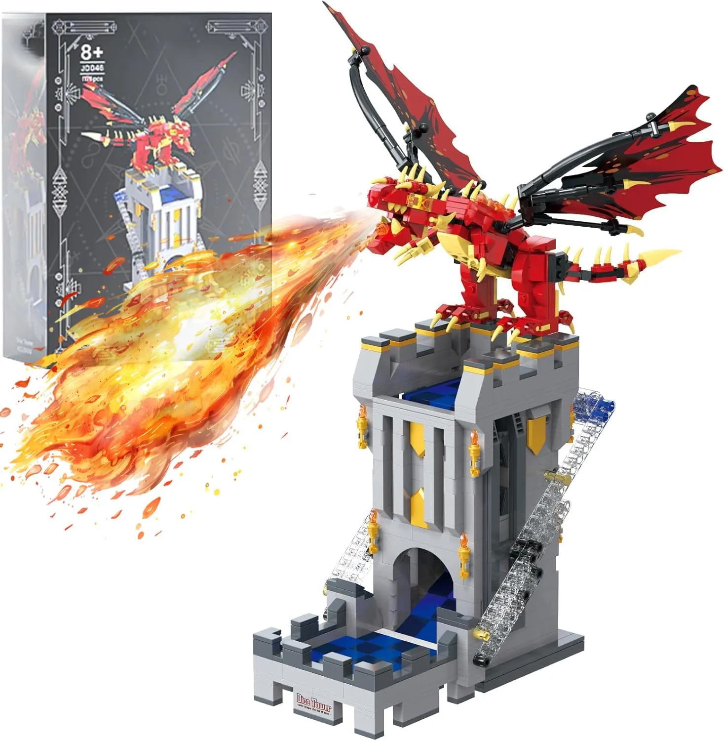 Red Dragons and Castles Building Block Sets, 1176 Piece Guarding Dice Tower Model Kit for Boys Girls 6 , Medieval Sets for Birthday, Christmas, Halloween, New Year Gifts