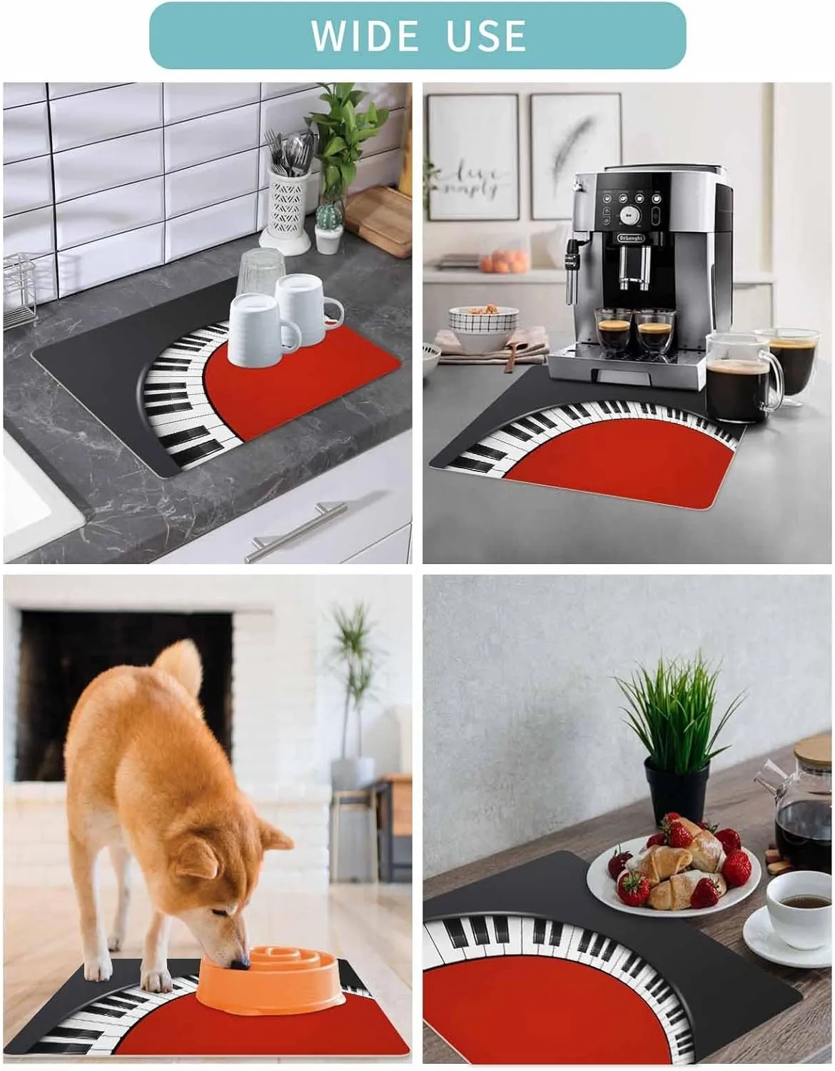 Red Piano Keys Coffee Mat Small For Countertop Coffee Bar Accessories,Absorbent Quick Dry Dish Drying Mat Hide Stain Non-Slip Pad For Coffee Maker,Music Musical Notes Black White Instrument 12"x20"
