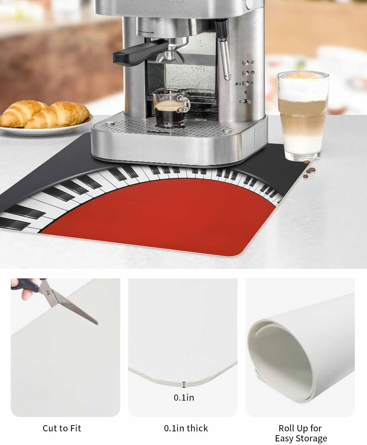 Red Piano Keys Coffee Mat Small For Countertop Coffee Bar Accessories,Absorbent Quick Dry Dish Drying Mat Hide Stain Non-Slip Pad For Coffee Maker,Music Musical Notes Black White Instrument 12"x20"