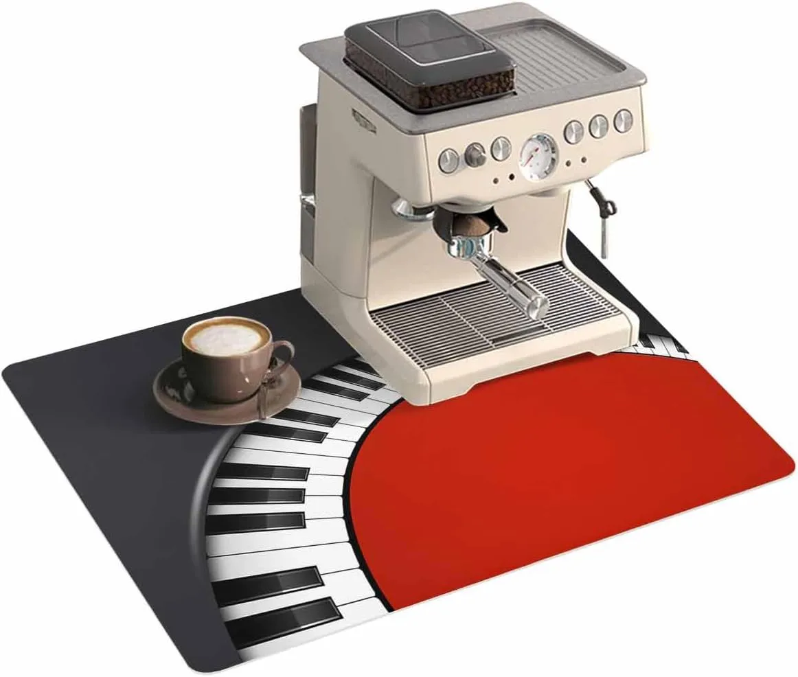 Red Piano Keys Coffee Mat Small For Countertop Coffee Bar Accessories,Absorbent Quick Dry Dish Drying Mat Hide Stain Non-Slip Pad For Coffee Maker,Music Musical Notes Black White Instrument 12"x20"