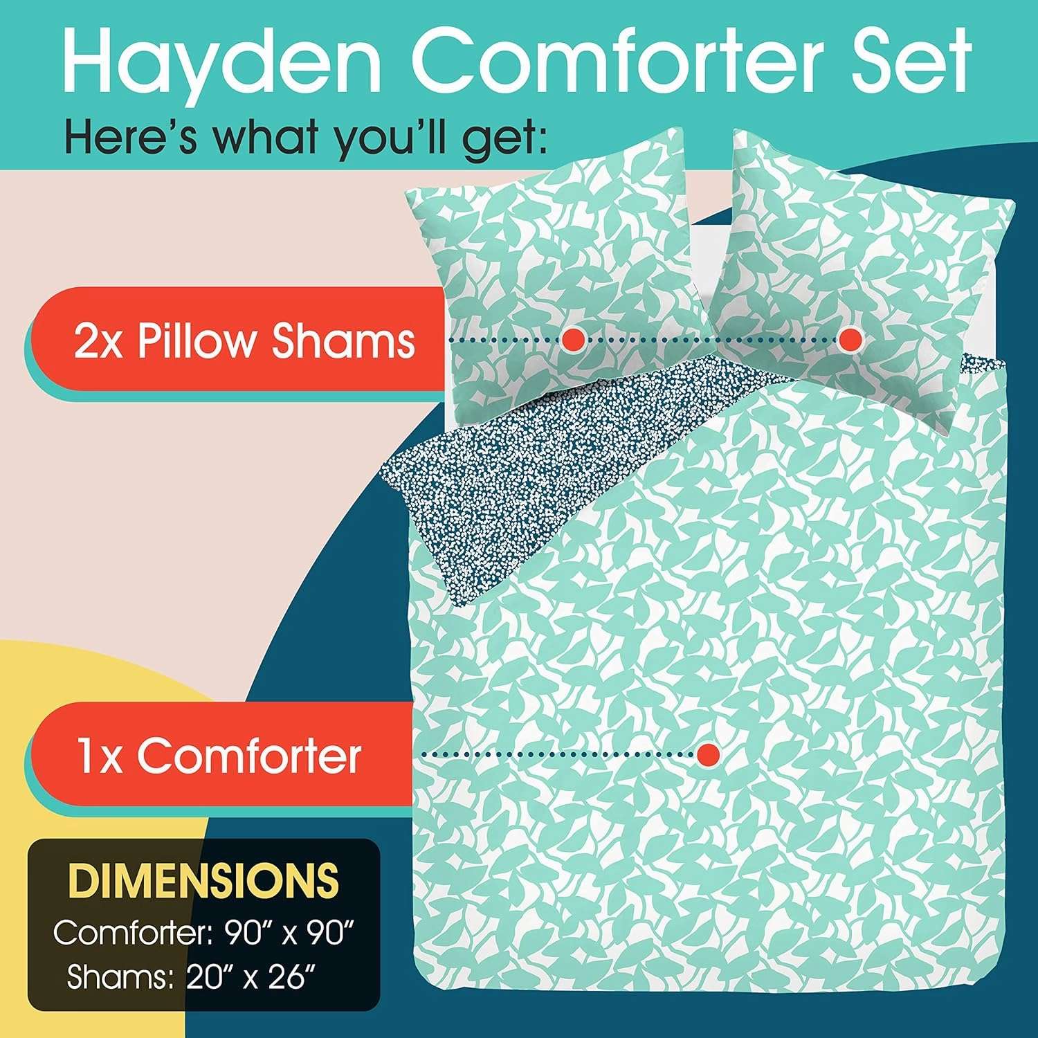 Refinery29 |Hayden Bedding Collection | Luxury Reversible Ultra Soft Comforter, All Season Premium 4 Piece Set, Modern Leaf Design for Home Décor (Full/Queen, Aqua)