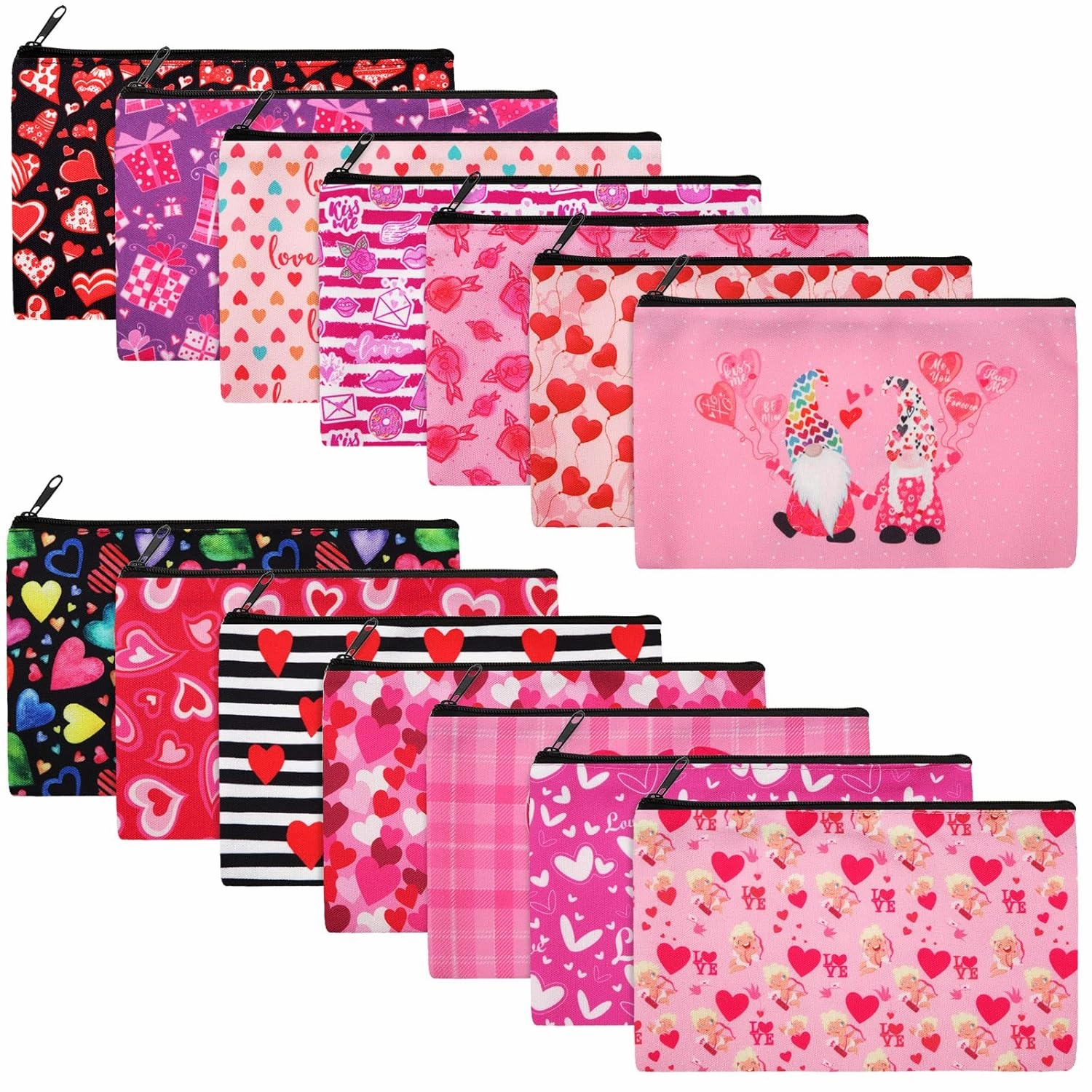 Reginary 14 Pieces Makeup Bags Double Sided Printed Toiletry Bag for Women Girls Engagement Wedding Red Heart Cosmetic Galentines Multifunctional Polyester with Zipper