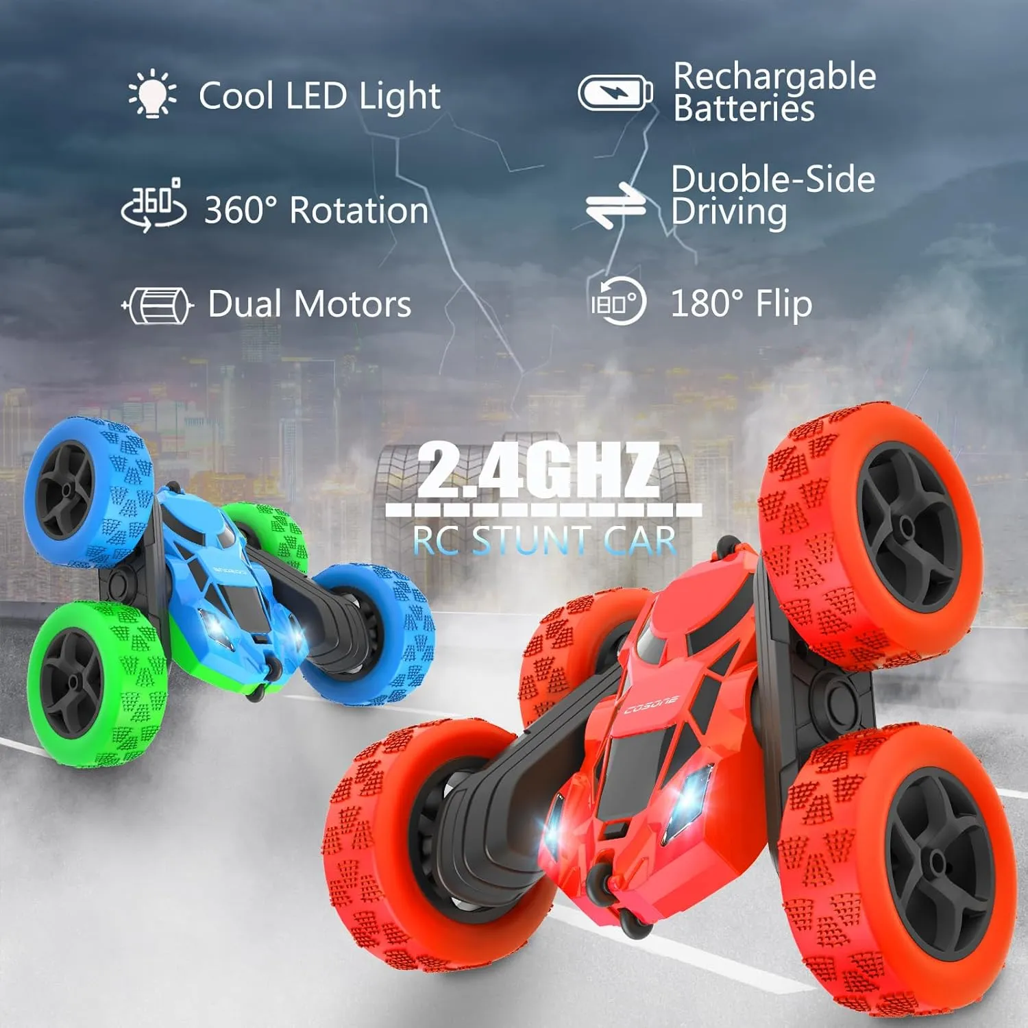 Remote Control Car for Boys - Car Toy for Kids Age 6 7 8 9, 4WD 2.4Ghz Double Sided 360° Rotating RC Cars with Headlights, Christmas Birthday for Boys and Girls - Red