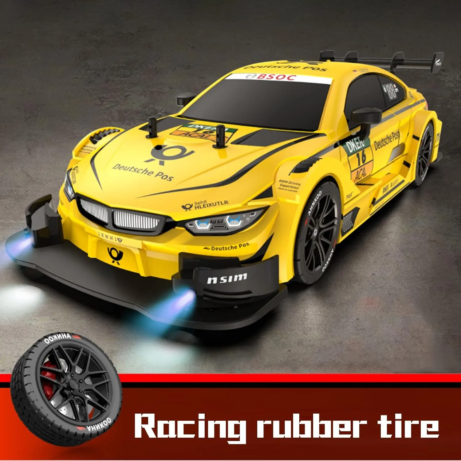 Remote Control Car RC Drift Car, 1:16 Scale Electric RC Racing with LED Lights 2.4GHz 4WD 40km/h RTR High Speed Racing Sport Toy for Adults Boys Girls Kids Gifts(Yellow)