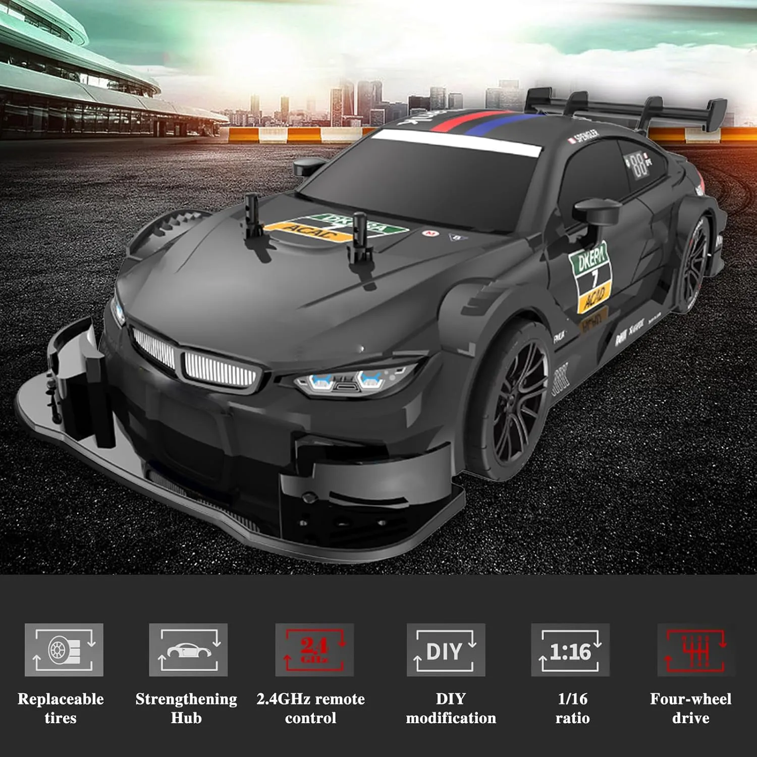 Remote Control Car RC Drift Car, 1:16 Scale Electric RC Racing with LED Lights 2.4GHz 4WD 40km/h RTR High Speed Racing Sport Toy for Adults Boys Girls Kids Gifts(Yellow)