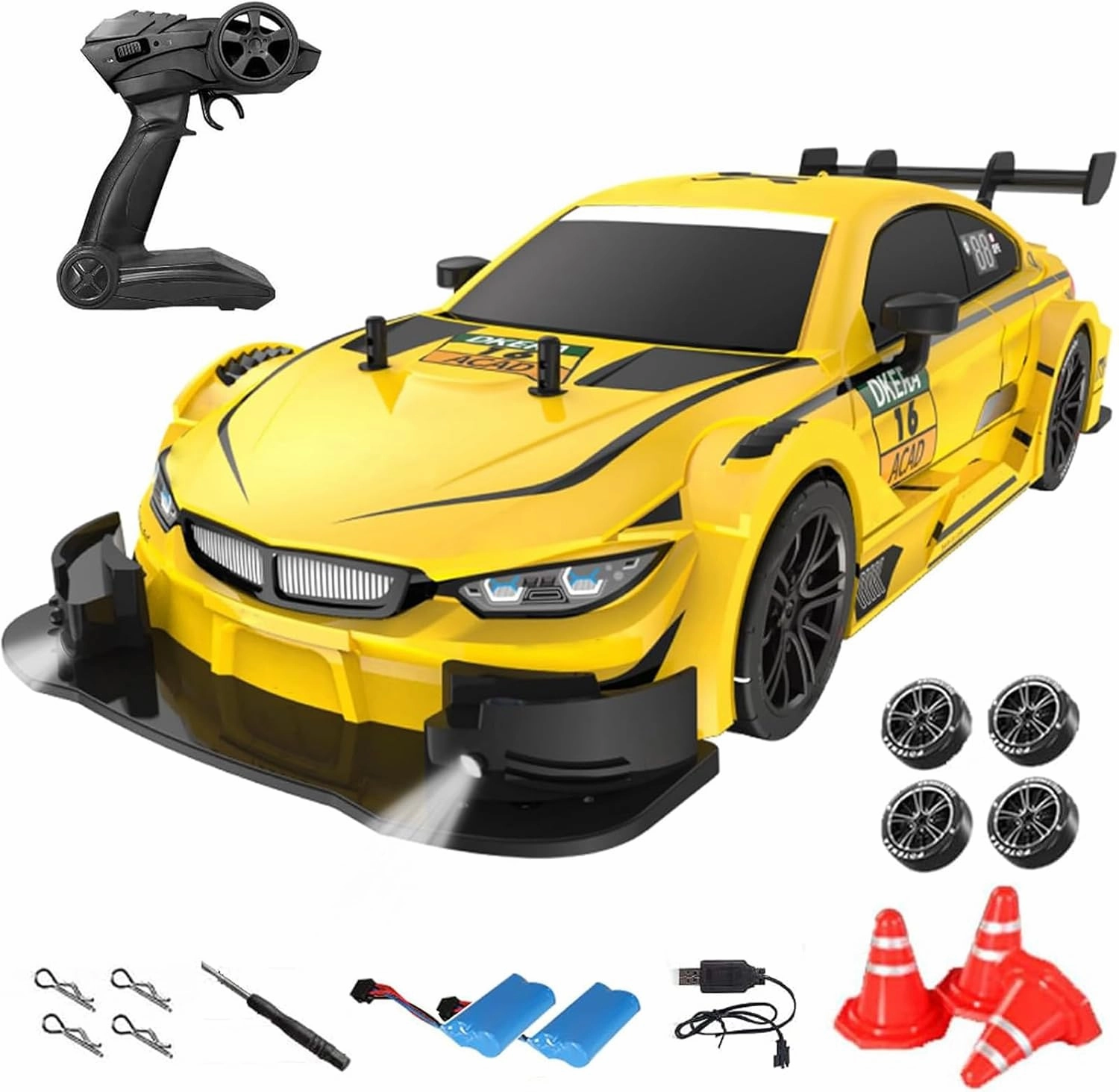Remote Control Car RC Drift Car, 1:16 Scale Electric RC Racing with LED Lights 2.4GHz 4WD 40km/h RTR High Speed Racing Sport Toy for Adults Boys Girls Kids Gifts(Yellow)
