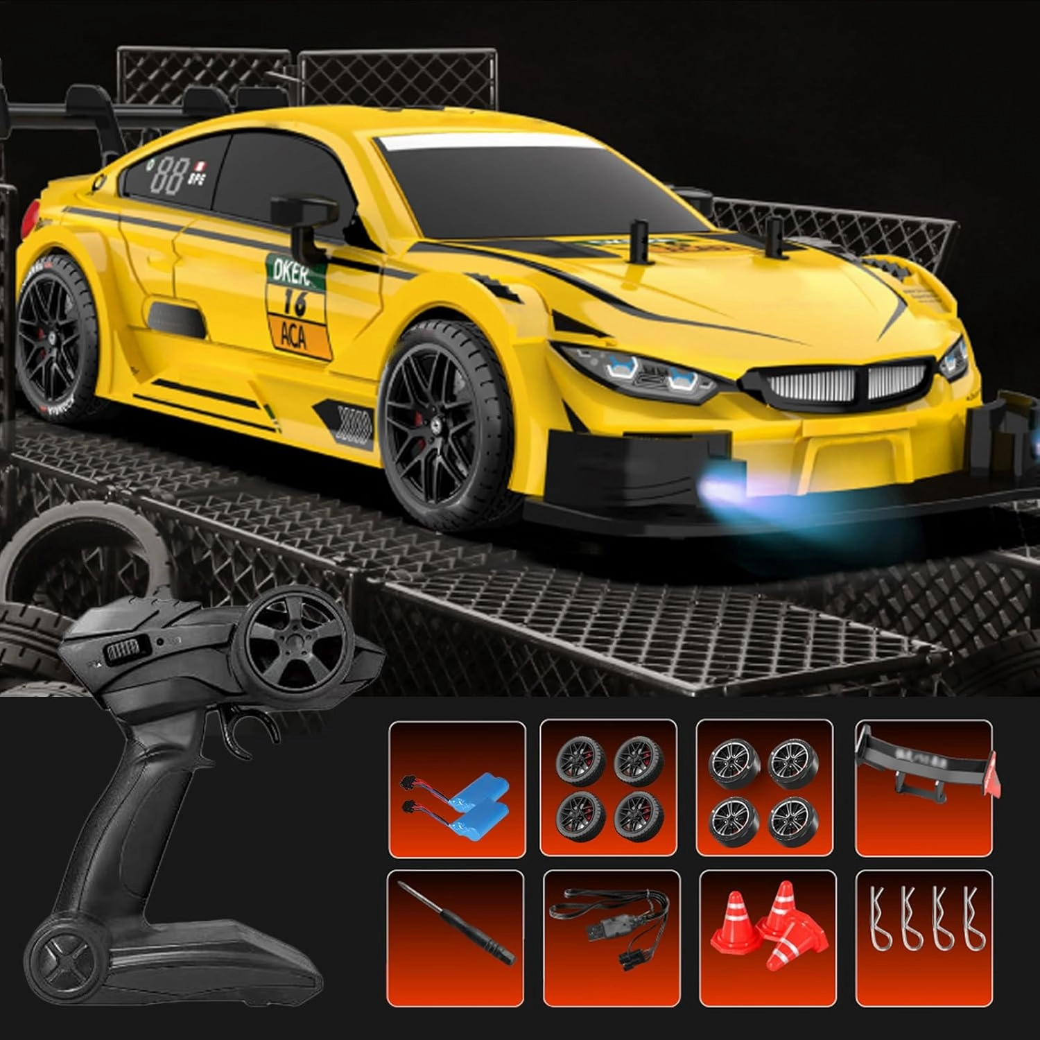 Remote Control Car RC Drift Car, 1:16 Scale Electric RC Racing with LED Lights 2.4GHz 4WD 40km/h RTR High Speed Racing Sport Toy for Adults Boys Girls Kids Gifts(Yellow)