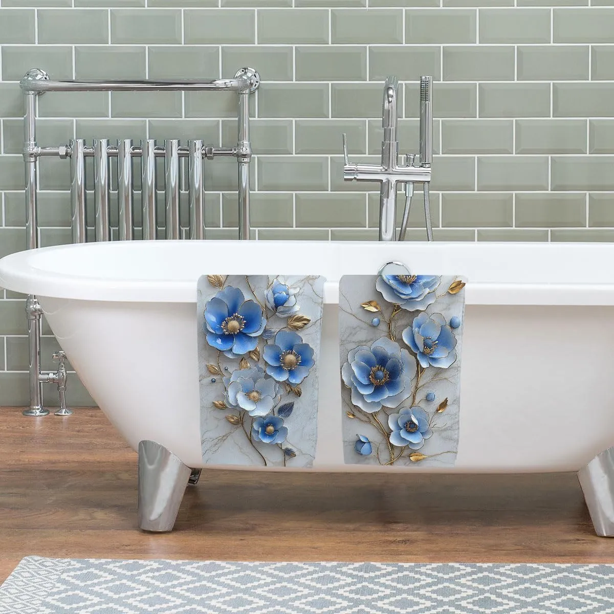 Retro Blue Floral Bath Hand Towels Set of 2 Absorbent Marble Abstract Modern Flowers Bathroom Kitchen Towels Set of 2 Face Towels for Bathroom Gym Hotel Sport Decor Gifts for Women Man 14"x28"
