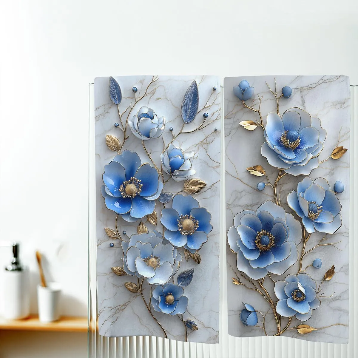 Retro Blue Floral Bath Hand Towels Set of 2 Absorbent Marble Abstract Modern Flowers Bathroom Kitchen Towels Set of 2 Face Towels for Bathroom Gym Hotel Sport Decor Gifts for Women Man 14"x28"