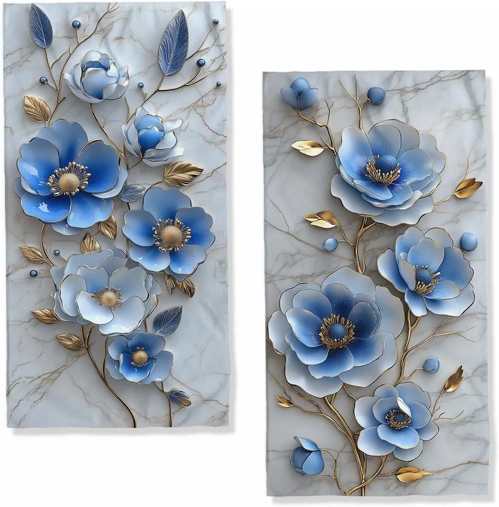 Retro Blue Floral Bath Hand Towels Set of 2 Absorbent Marble Abstract Modern Flowers Bathroom Kitchen Towels Set of 2 Face Towels for Bathroom Gym Hotel Sport Decor Gifts for Women Man 14"x28"