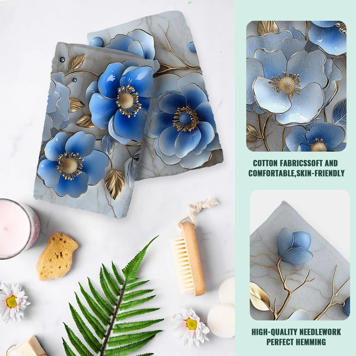 Retro Blue Floral Bath Hand Towels Set of 2 Absorbent Marble Abstract Modern Flowers Bathroom Kitchen Towels Set of 2 Face Towels for Bathroom Gym Hotel Sport Decor Gifts for Women Man 14"x28"