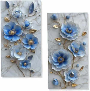 Retro Blue Floral Bath Hand Towels Set of 2 Absorbent Marble Abstract Modern Flowers Bathroom Kitchen Towels Set of 2 Face Towels for Bathroom Gym Hotel Sport Decor Gifts for Women Man 14"x28"