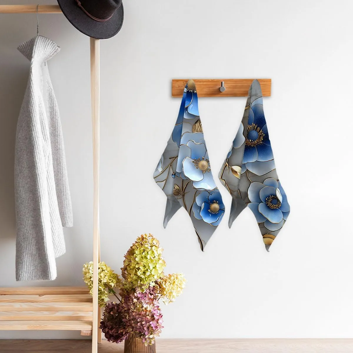 Retro Blue Floral Bath Hand Towels Set of 2 Absorbent Marble Abstract Modern Flowers Bathroom Kitchen Towels Set of 2 Face Towels for Bathroom Gym Hotel Sport Decor Gifts for Women Man 14"x28"