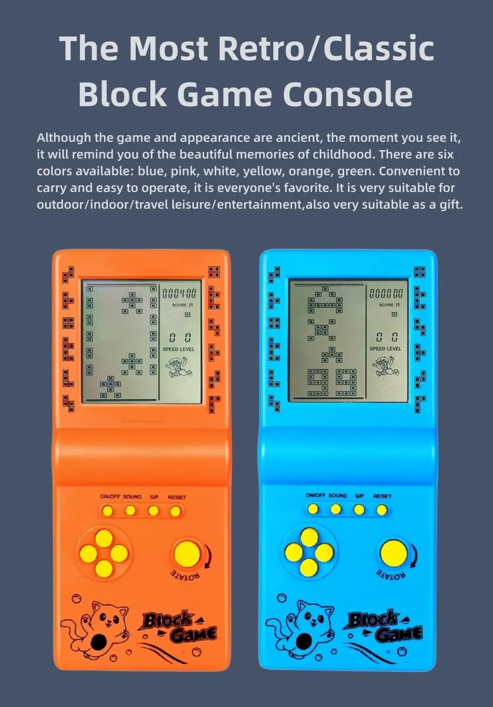 Retro Classic Block Game Console Multiple Games Adjustable Level/Speed Handheld Porable Console Brick Game/Racing/Tank Battle Puzzle Game Electronic Toys Children/Friends (Blue)