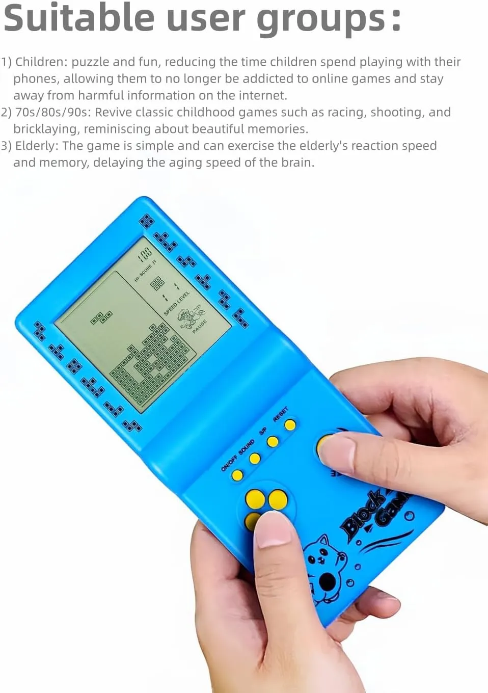 Retro Classic Block Game Console Multiple Games Adjustable Level/Speed Handheld Porable Console Brick Game/Racing/Tank Battle Puzzle Game Electronic Toys Children/Friends (Blue)