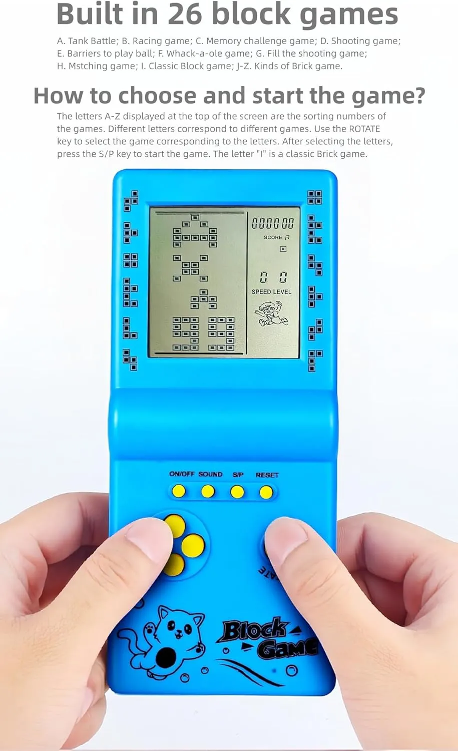 Retro Classic Block Game Console Multiple Games Adjustable Level/Speed Handheld Porable Console Brick Game/Racing/Tank Battle Puzzle Game Electronic Toys Children/Friends (Blue)