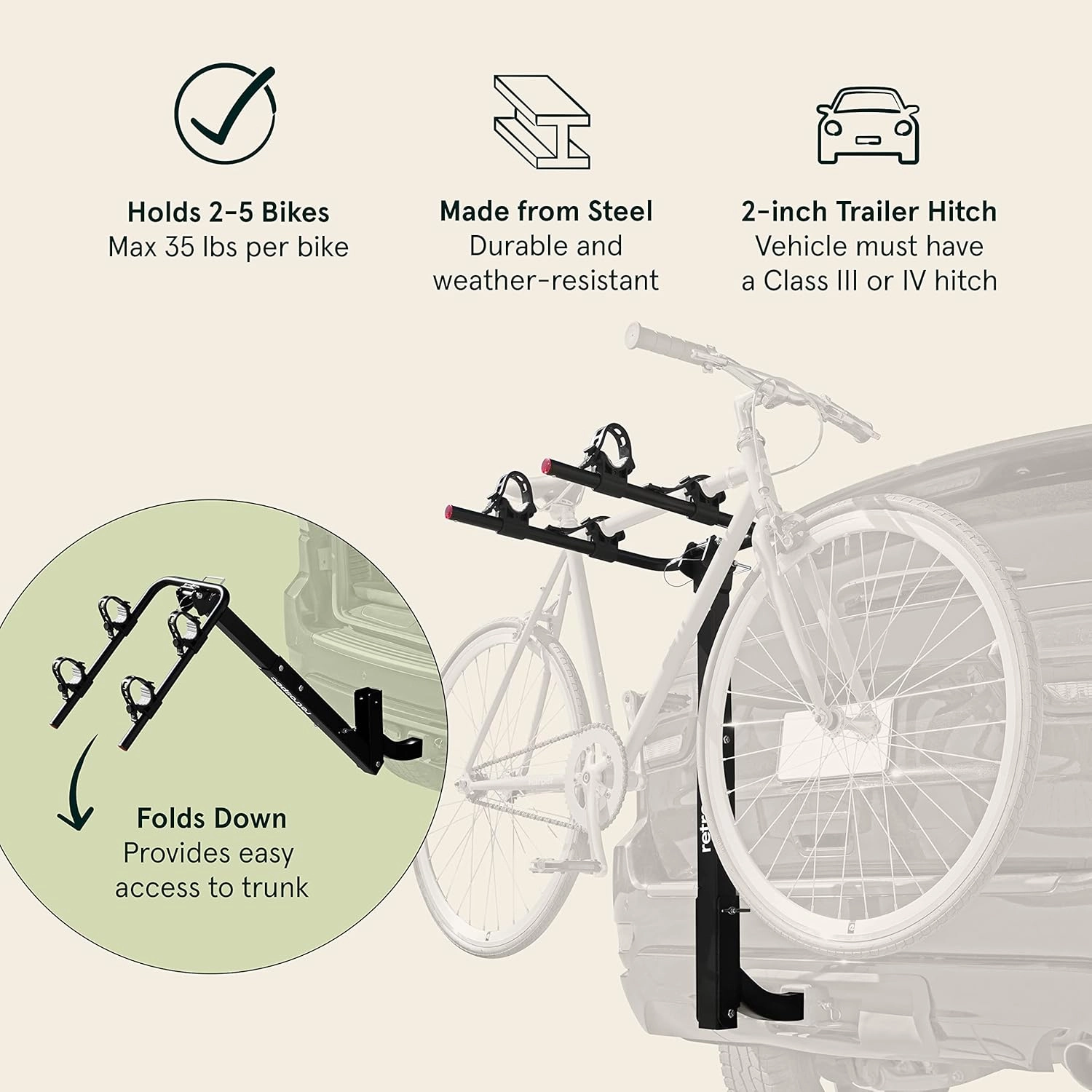 Retrospec Lenox 2-5 - Bike Hitch Rack for Cars, Trucks, SUVs with 2” Hitch | Foldable Steel Frame with Anti-Rattle Adapter, Tie Down Cradles and Straps - Fits Most Frames