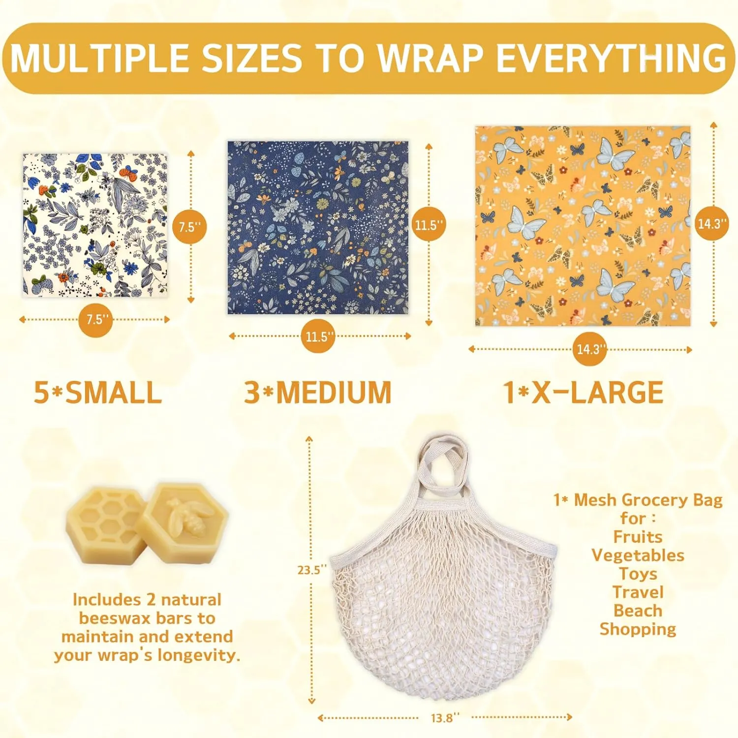 Reusable Beeswax Wrap, 9 Pack Wraps for Food, Eco-Friendly Beeswax Food Wraps with Mesh Grocery Bag & 2 Beeswax Bars, Bread & Sandwich Wrap, Reusable Food Storage Wrap Set- Sustainable Gifts