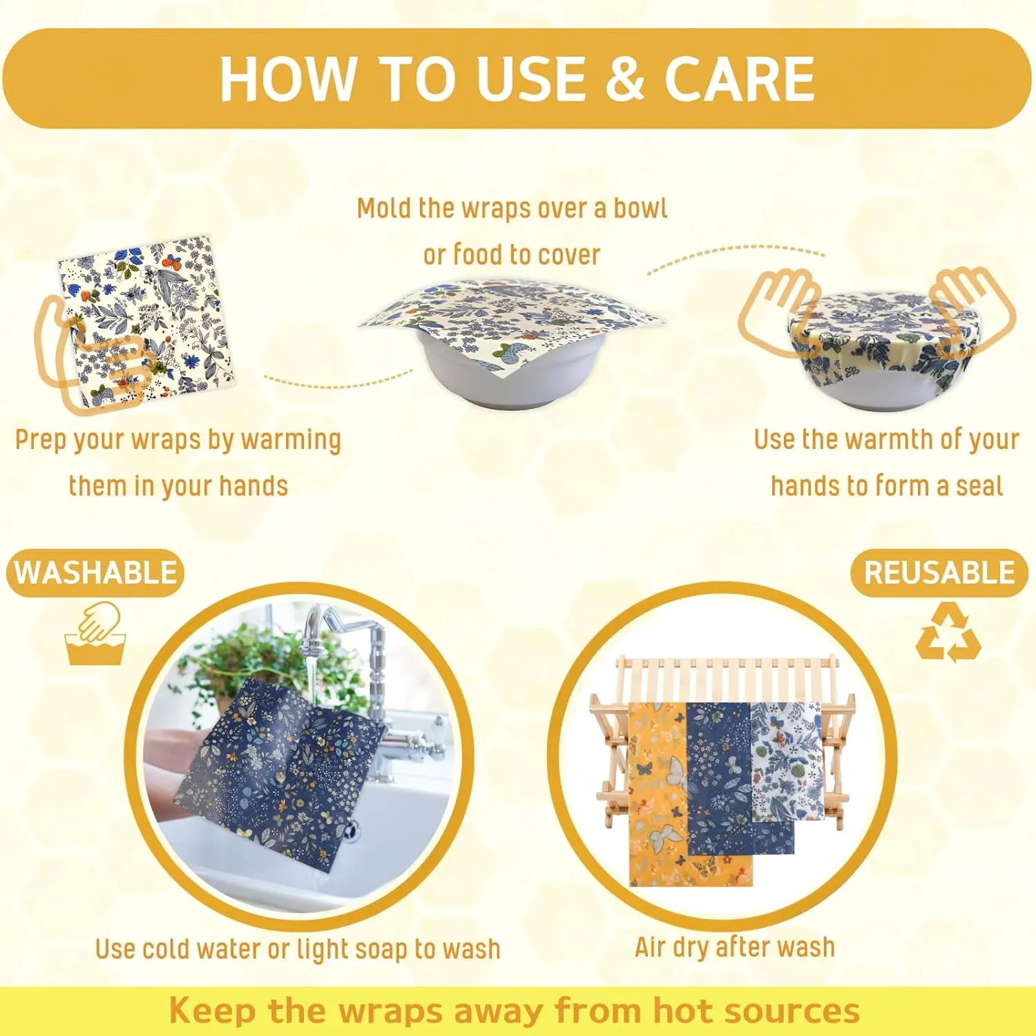Reusable Beeswax Wrap, 9 Pack Wraps for Food, Eco-Friendly Beeswax Food Wraps with Mesh Grocery Bag & 2 Beeswax Bars, Bread & Sandwich Wrap, Reusable Food Storage Wrap Set- Sustainable Gifts