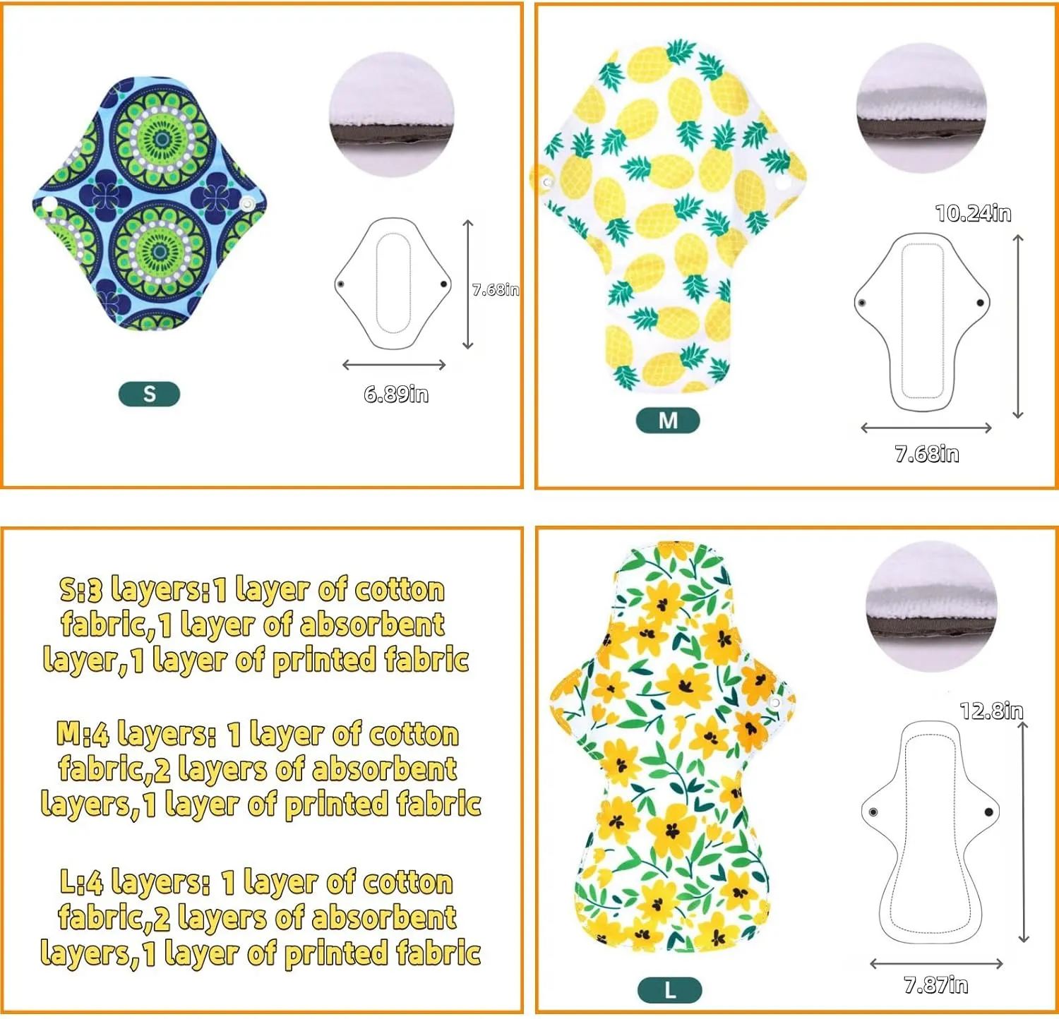 Reusable Menstrual Pads,Washable Sanitary Napkins with Wings for Women,Reusable Panty Liners,Soft Cloth Menstrual Pads,7pcs/Set,Pack of 6 1 Storage Bag,Suitable for Menstrual Period