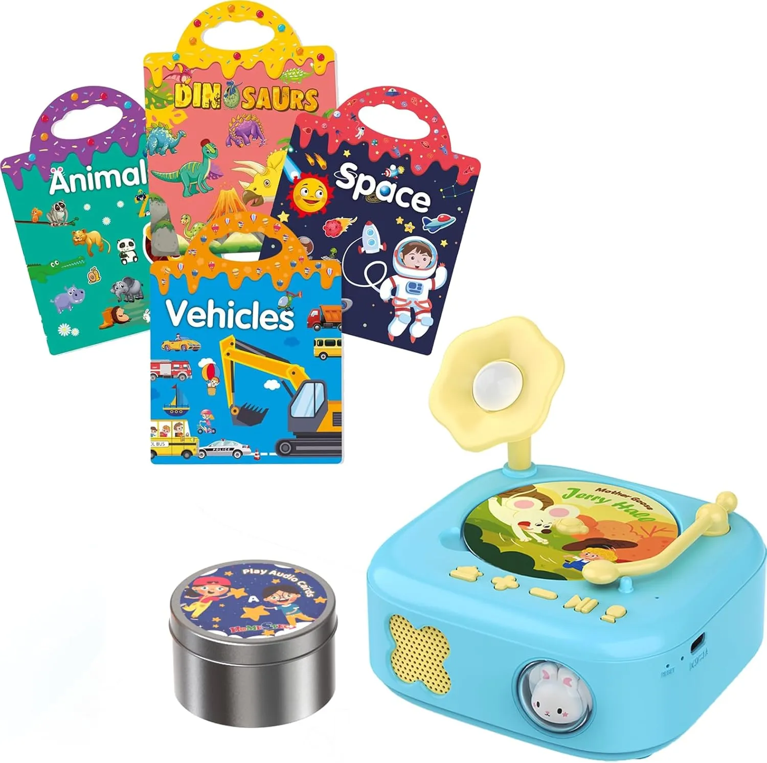 Reusable Sticker Books 4 Sets and Story Dream Machine Musical Toys for Toddlers Include Talking Flash Cards 60PC