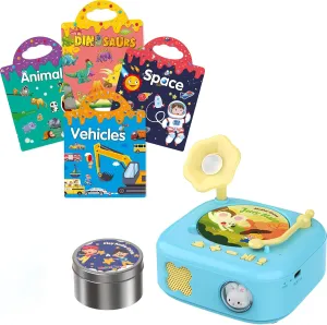 Reusable Sticker Books 4 Sets and Story Dream Machine Musical Toys for Toddlers Include Talking Flash Cards 60PC