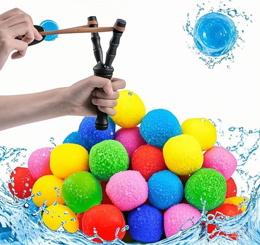 Reusable Water Balloons Kit with 50PCS Colorful Splash Balls, Quick-Fill Pool Toys, Beach Balls & 2 Wooden Catapults for Outdoor Water Play, Kids Toddler Summer Games