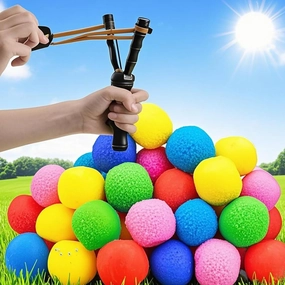 Reusable Water Balloons Kit with 50PCS Colorful Splash Balls, Quick-Fill Pool Toys, Beach Balls & 2 Wooden Catapults for Outdoor Water Play, Kids Toddler Summer Games