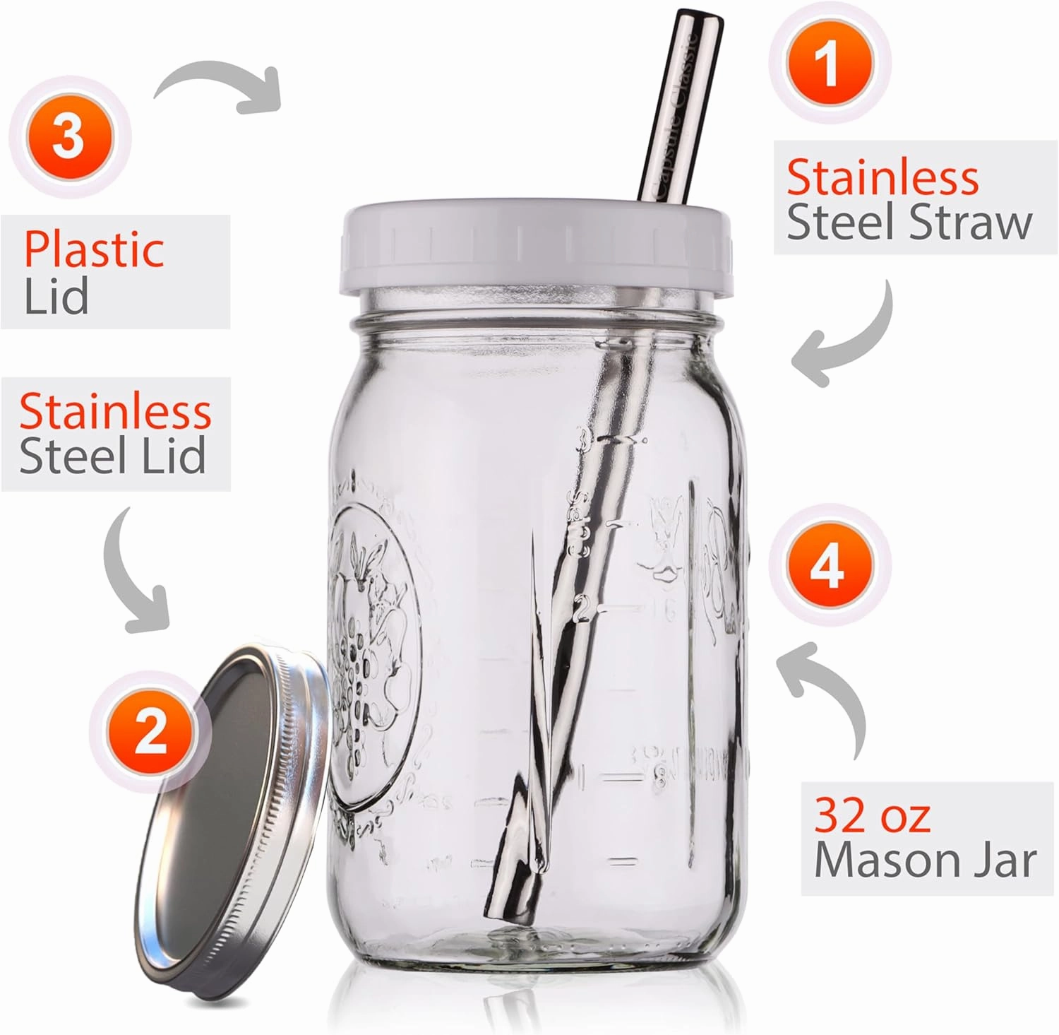 Reusable Wide Mouth Smoothie Boba Tea Cups Bubble Tea Cups with Lids and Silver Straws Mason Jars Glass Cups (2-pack, 32 oz mason jars)