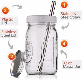 Reusable Wide Mouth Smoothie Boba Tea Cups Bubble Tea Cups with Lids and Silver Straws Mason Jars Glass Cups (2-pack, 32 oz mason jars)