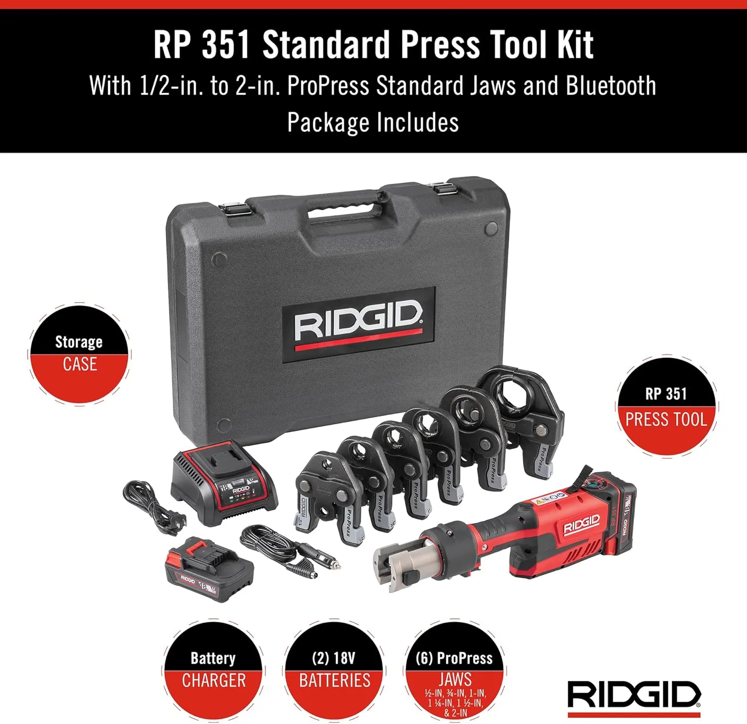 RIDGID 67178 Model RP 351 ProPress Standard Press Tool Kit with Battery, Charger, 1/2" to 2" Press Tool Jaws, and Carrying Case