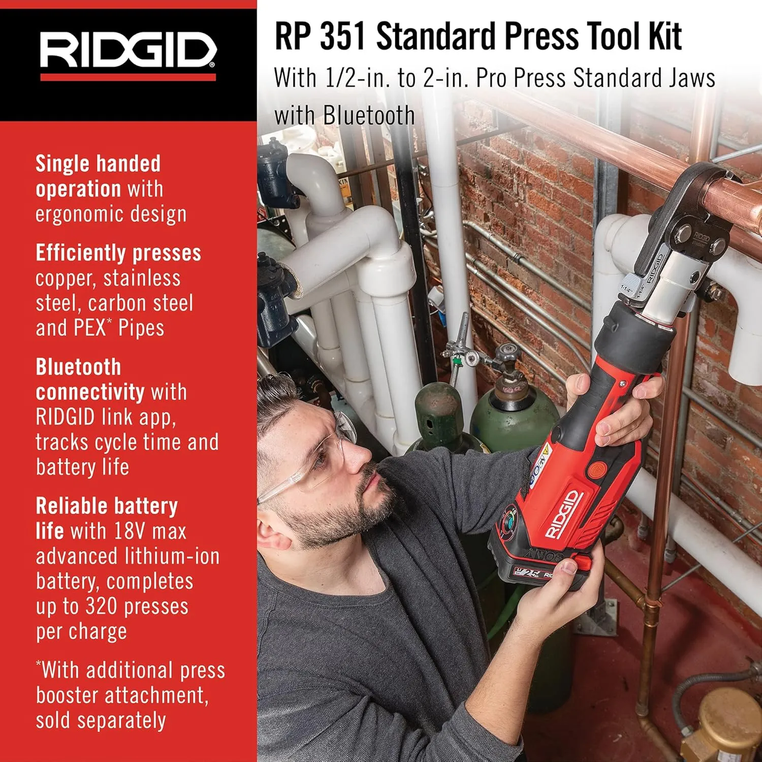 RIDGID 67178 Model RP 351 ProPress Standard Press Tool Kit with Battery, Charger, 1/2" to 2" Press Tool Jaws, and Carrying Case